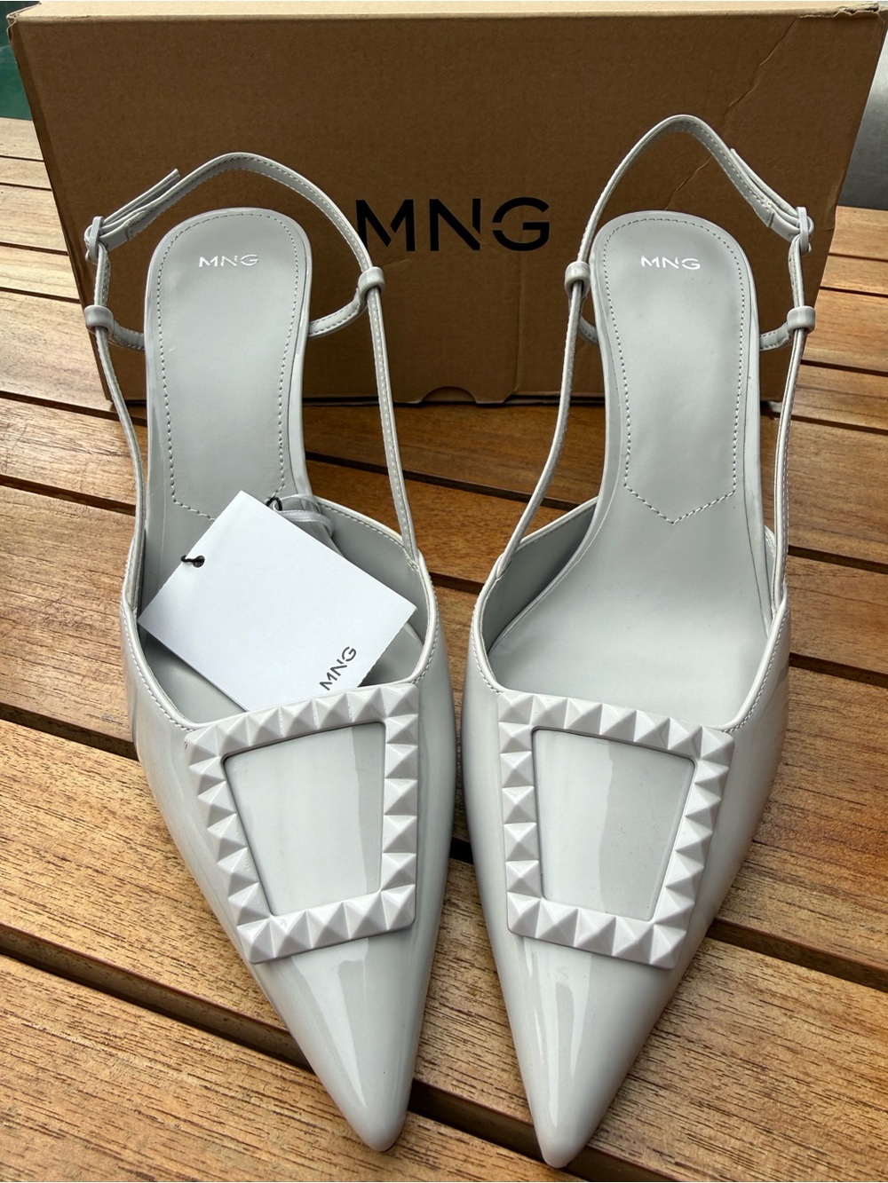 Mango Light Grey Pointed Slingback Heels with Monochrome Stud Accent